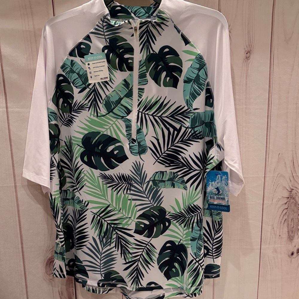 Reel Legends Jungle Palm Rash Guard - Multi Greens on White